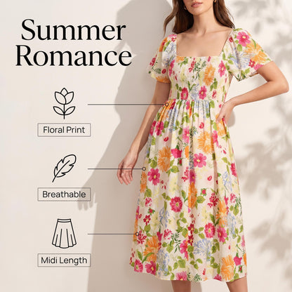 🎁Ingyenes ajándék🌸 Virágmintás midi ruha – Négyszögletű nyakkivágás + smockolt derék, ami téged néz ki！