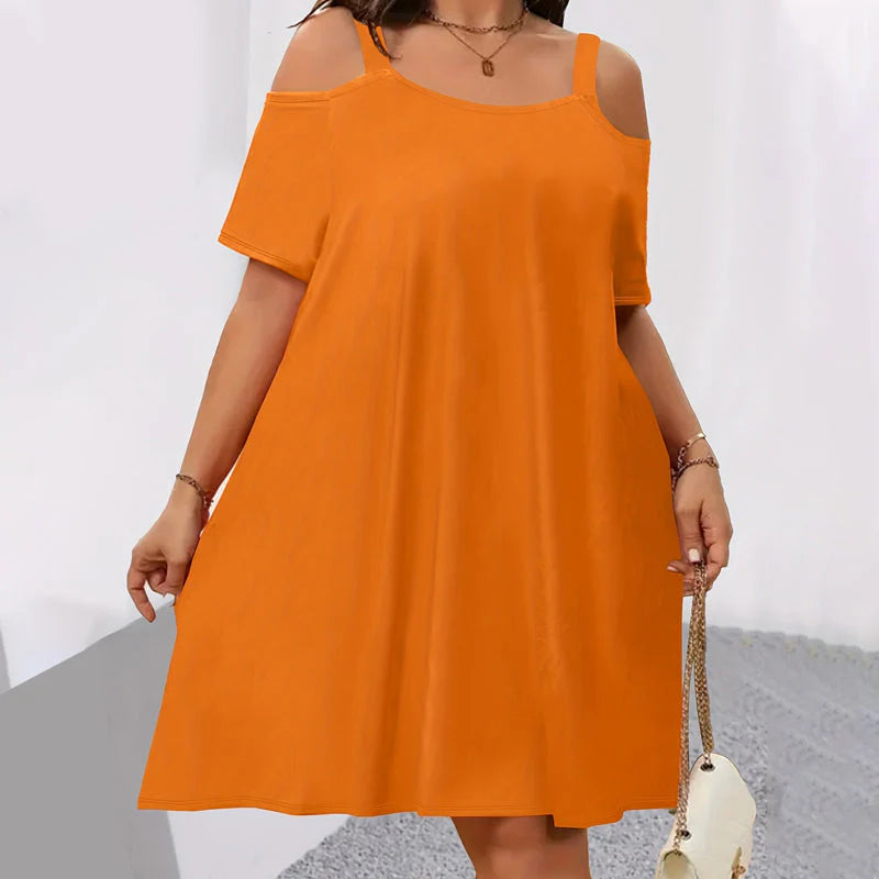 🎁Ingyenes ajándék-📿Gyönyörű nyaklánc🌴Női könnyű alkalmi ruha☀️Légáteresztő nyári ruha – Vállakat szabadon hagyó A-vonalú szabás, nagy méretekben!