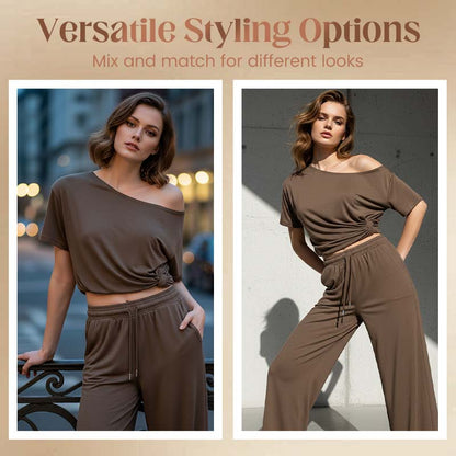 🌸💫 Kétrészes laza szett – Laza széles szárú nadrággal, puha légáteresztő anyagból, S–2XL-ig! ✨💃