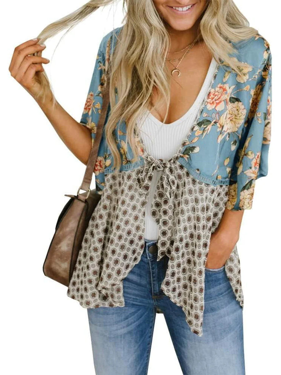 😜50% árcsökkentés 🎁Ingyenes ajándék-📿Gyönyörű nyaklánc🌸 Boho virágmintás sifon kardigán – Könnyű, fodros és sokoldalú nyári stílus!