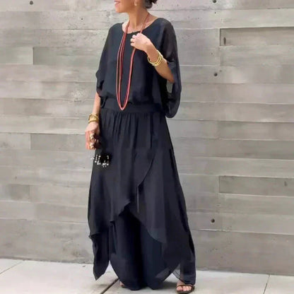 😜40% árcsökkentés🌿 Könnyű légáteresztő szett✨ Sifon 2 részes szett – Laza felső + hasított széles szár – Kényelem és stílus egyben!