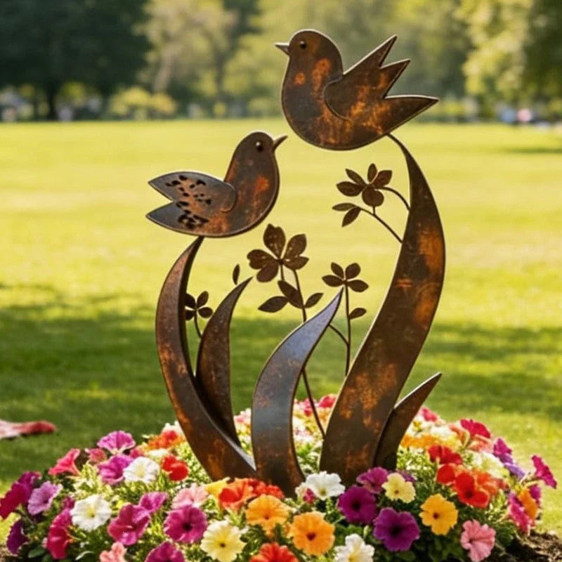 🌿 Rusztikus fém kerti cövek🐦 Virág-madár mintás díszcövek – Tartós kerti díszelem!