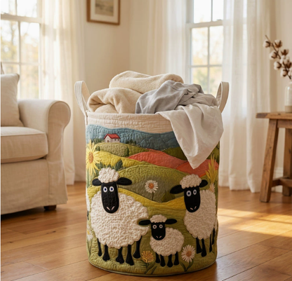 🧺 100%-ban kézzel készített, steppelt kosár – 3D-s birkás kert témájú design – Extra nagy kapacitás, összecsukható – Rusztikus, cottagecore stílusba tökéletes🐑