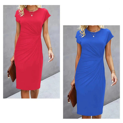🎁Ingyenes ajándék📿Gyönyörű nyaklánc 👗Környakú rövid ujjú midi ruha✨Egyszínű prémium női ruha – Puha poliészter anyag S–2XL méretekben több divatos árnyalatban!