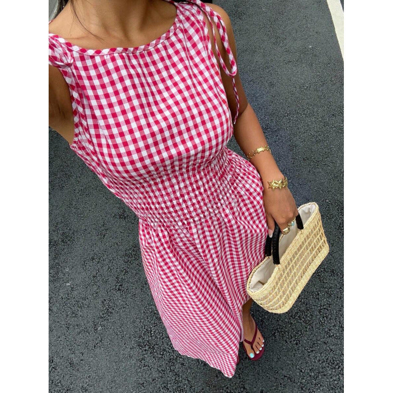 ⏰💥45% árcsökkentés👗 Könnyed vintage gingham nyári ruha🎀 Smockolt felsőrész + állítható kötőpántok 🌬️Prémium légáteresztő anyag！