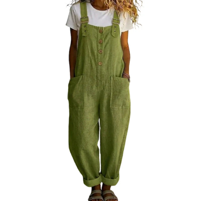 🎁Ingyenes gyönyörű nyaklánc🌿 Sokoldalú széles szárú nadrág overall✨ Laza női overall elöl gombos kialakítással – Légáteresztő prémium anyag, praktikus oldalzsebekkel!