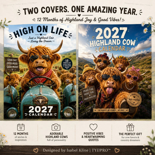 🐮📅 2027-es Highlandko fali naptár – 12 bájos illusztráció, prémium A4-es kivitel, tökéletes ajándék állatbarátoknak! 🌿✨