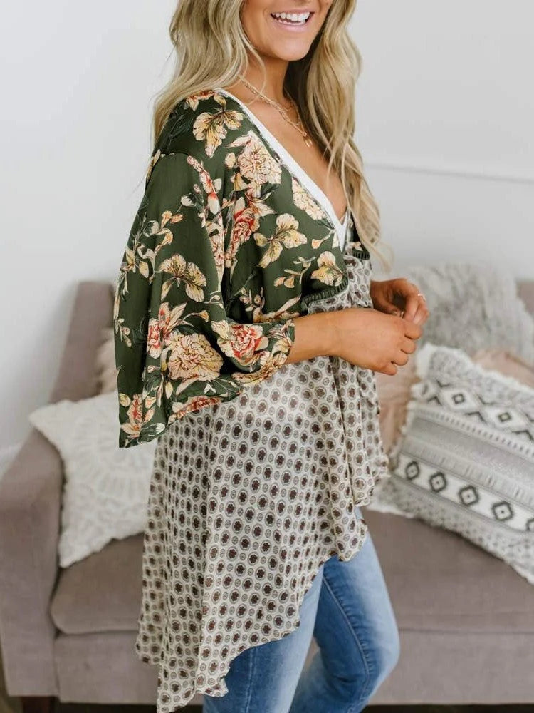 😜50% árcsökkentés 🎁Ingyenes ajándék-📿Gyönyörű nyaklánc🌸 Boho virágmintás sifon kardigán – Könnyű, fodros és sokoldalú nyári stílus!