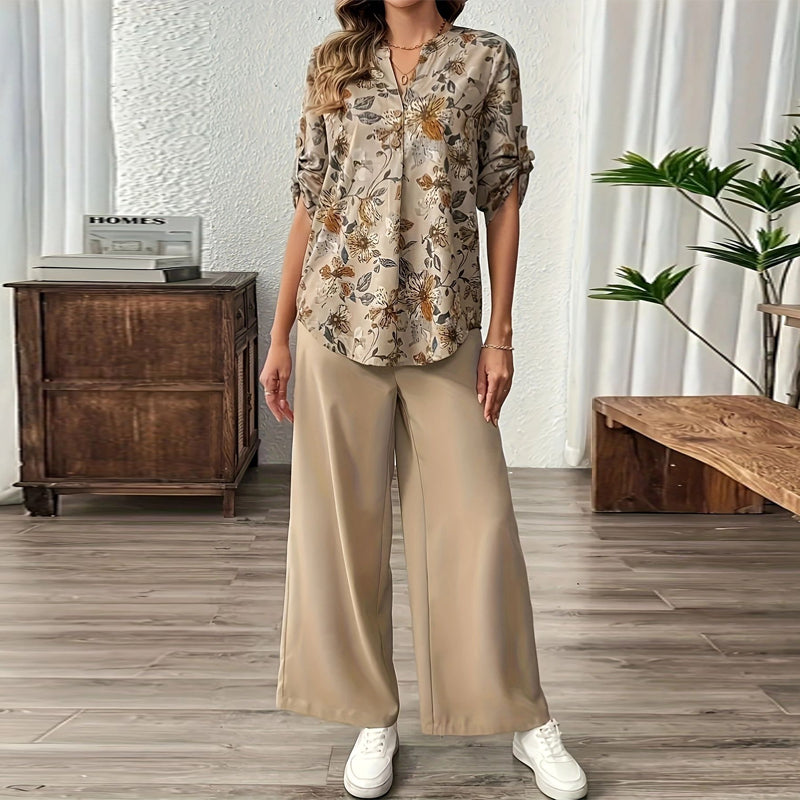 📿Gyönyörű nyaklánc minden rendeléshez!🌸Virágmintás kétrészes női szett – Állítható ujjak, légáteresztő könnyű anyag!✨Időtálló nőies stílus irodába és szabadidőre!