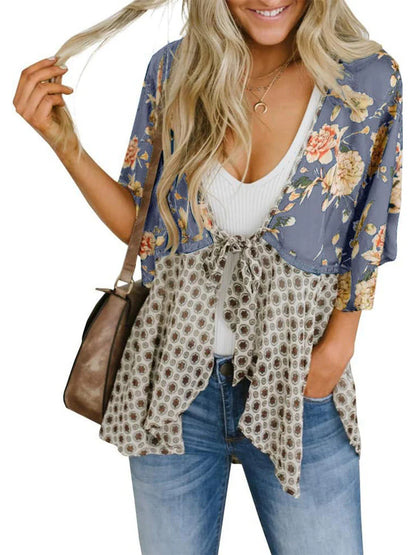 😜50% árcsökkentés 🎁Ingyenes ajándék-📿Gyönyörű nyaklánc🌸 Boho virágmintás sifon kardigán – Könnyű, fodros és sokoldalú nyári stílus!