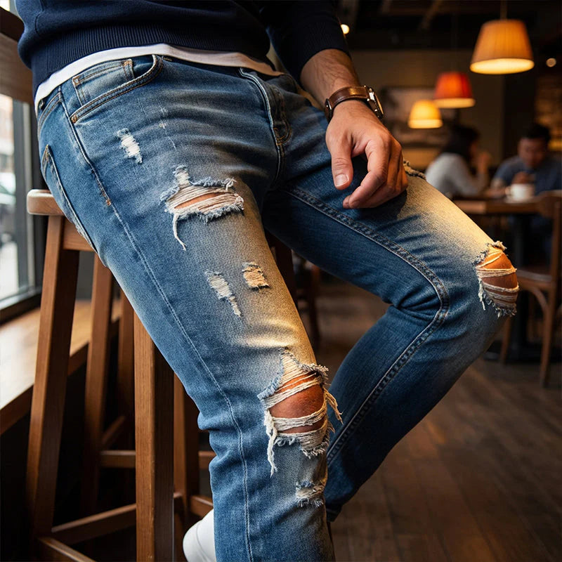 🔥🎁Nová 50% SLEVA👖 Feltépett férfi keskeny farmer✨ Karcsú sziluett, puha pamut – Minden outfithez tökéletes!