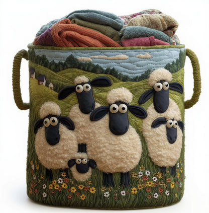 🧺 100%-ban kézzel készített, steppelt kosár – 3D-s birkás kert témájú design – Extra nagy kapacitás, összecsukható – Rusztikus, cottagecore stílusba tökéletes🐑