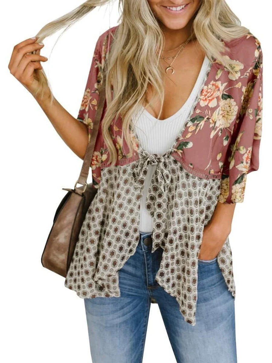 😜50% árcsökkentés 🎁Ingyenes ajándék-📿Gyönyörű nyaklánc🌸 Boho virágmintás sifon kardigán – Könnyű, fodros és sokoldalú nyári stílus!