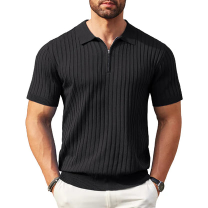 🎁Ingyenes ajándék-📿Gyönyörű karkötő✨ Bordás kötött prémium felső👕 Sportos sziluettű férfi póló – Állítható gallér + negyedzipper, sokoldalú mindennapokra!