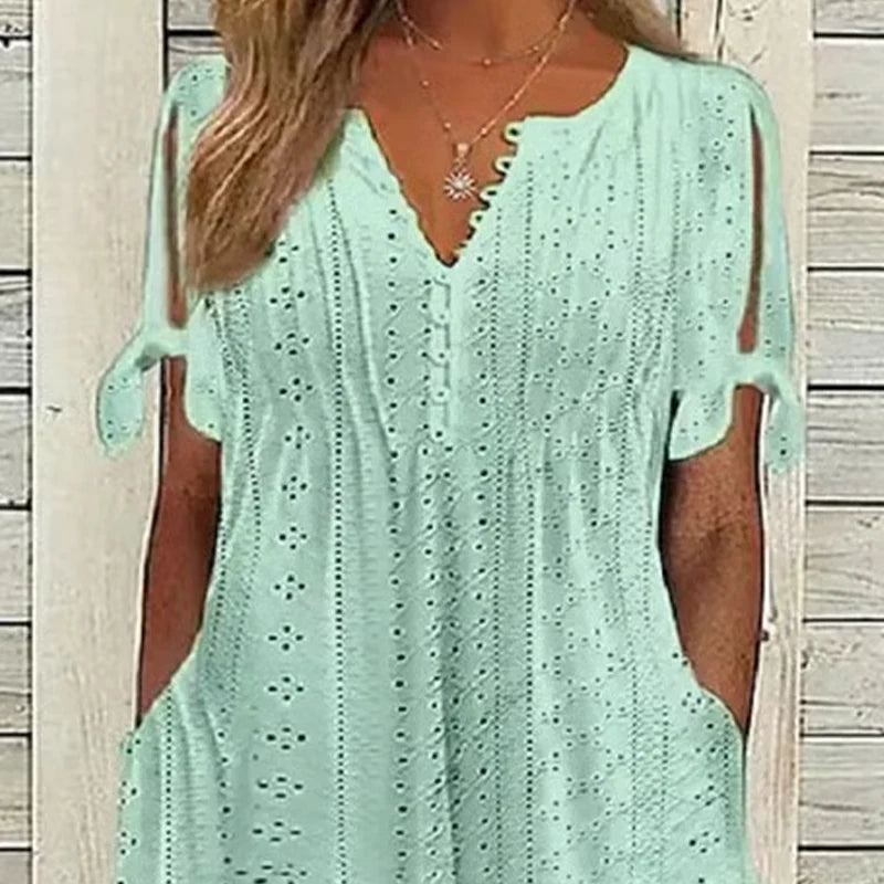 🎁Ingyenes gyönyörű nyaklánc👗 V-nyakú mintás női ruha 💨 Légáteresztő nyári ruha!