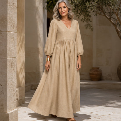 🌸👗 Lenvászon keverék V-nyakú ruha – Laza folyós szabás, puffos ujjakkal, S–2XL-ig! ✨💃