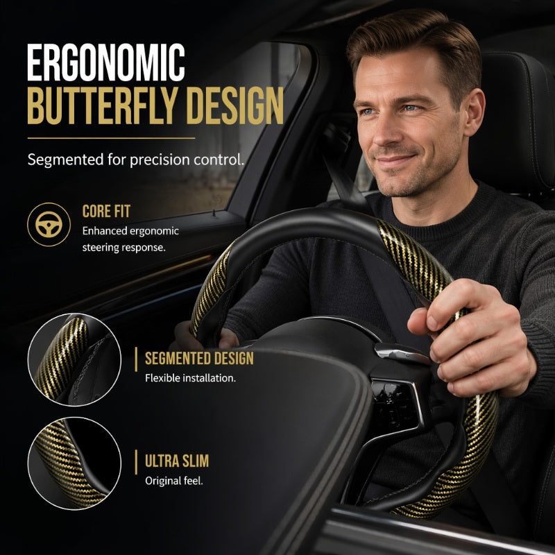 🚗✨ Szénszálas kormánykerék-huzat – Pillangó ihletésű ergonomikus design, 30%-kal nagyobb felületi súrlódás! 🛡️💪