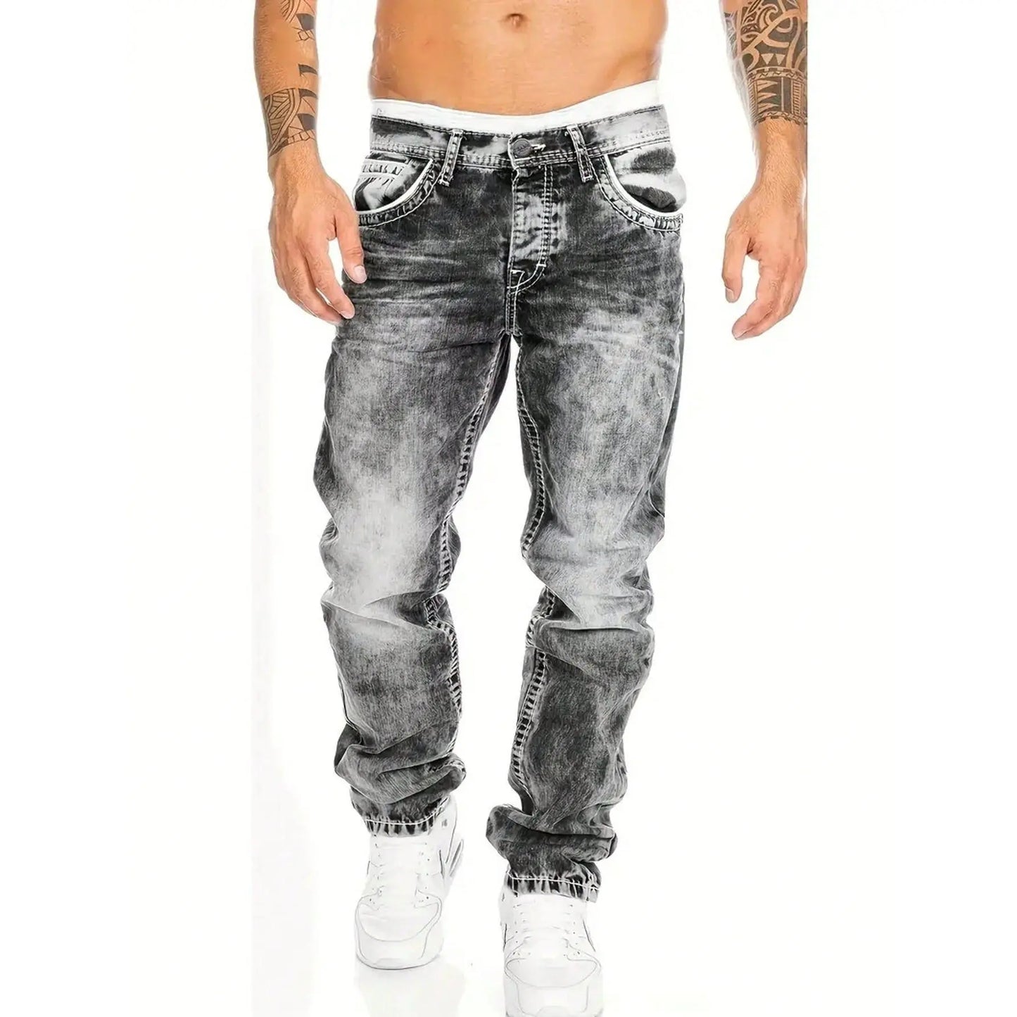 🎁Ingyenes ajándék👖 Tartós vintage farmernadrág✨ Laza denimből készült nadrág – Egyedi mosott hatás és kontrasztos díszvarrás！