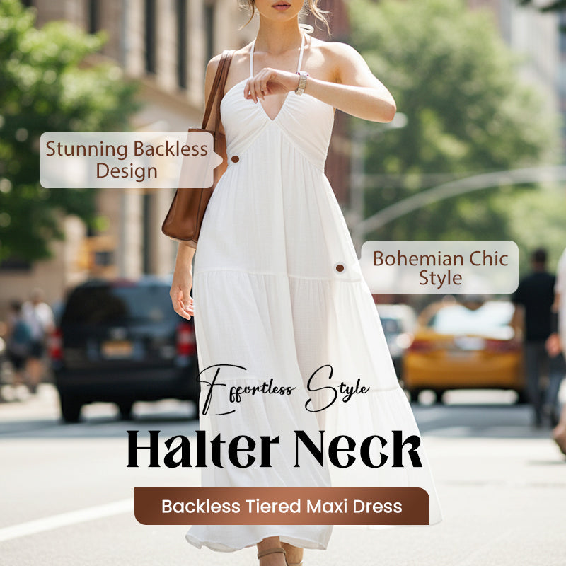 🎉50% árcsökkentés☀️ Könnyű nyári öltözet✨ Halter nyakú réteges ruha – Empire derékkal, hátul kötve, bohém és elegáns!