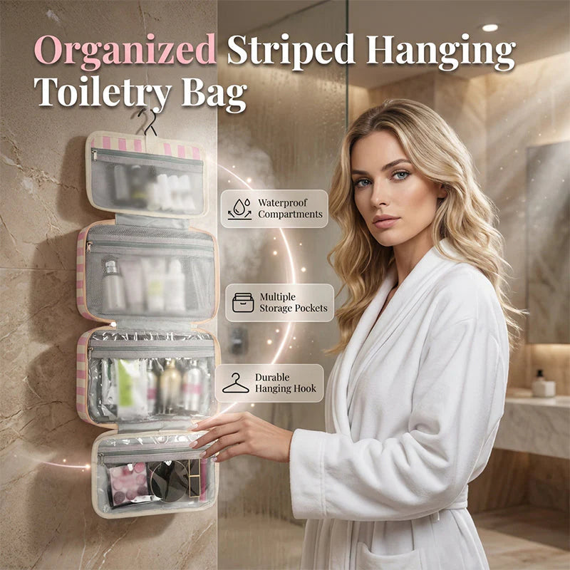 🧳 Csíkos függő toalett táska – 4 átlátszó rekesz + beépített akasztó🚿 Vízálló, könnyen tisztítható！