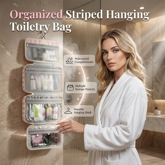 🧳 Csíkos függő toalett táska – 4 átlátszó rekesz + beépített akasztó🚿 Vízálló, könnyen tisztítható！