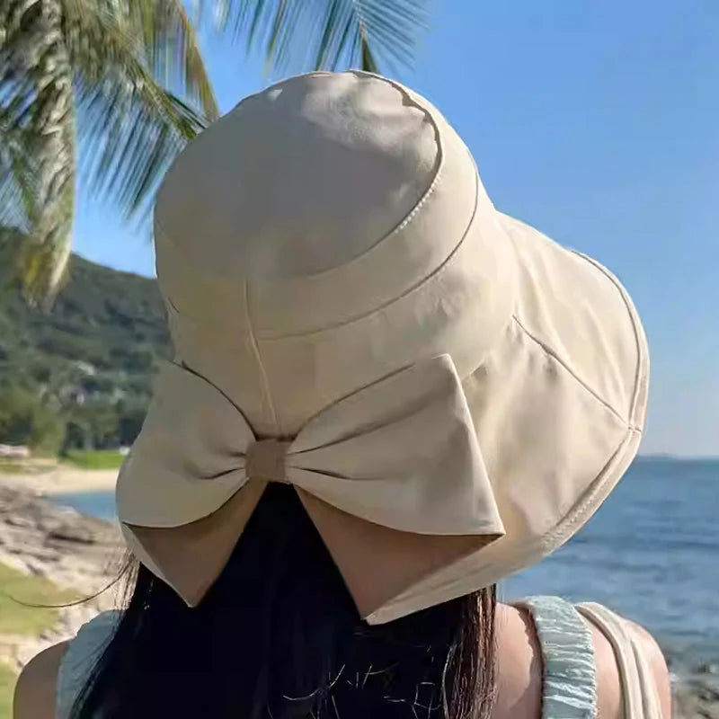 🏖️Napvédő nyaralócsomag🎁Ingyenes napszemüveg🕶️🌞 Védje arcát és nyakát a naptól – 👒Női széles karimájú, összehajtható napkalap masnival！