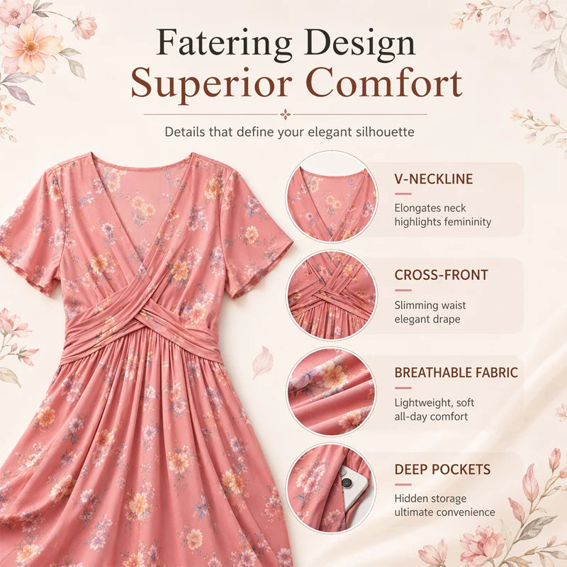 🎁Ingyenes gyönyörű nyaklánc👗🌸 Virágmintás midi ruha– V-nyak, crossover elöl, elegáns drapírozás – Oldalzsebekkel, puha és légáteresztő anyagból 🌿✨