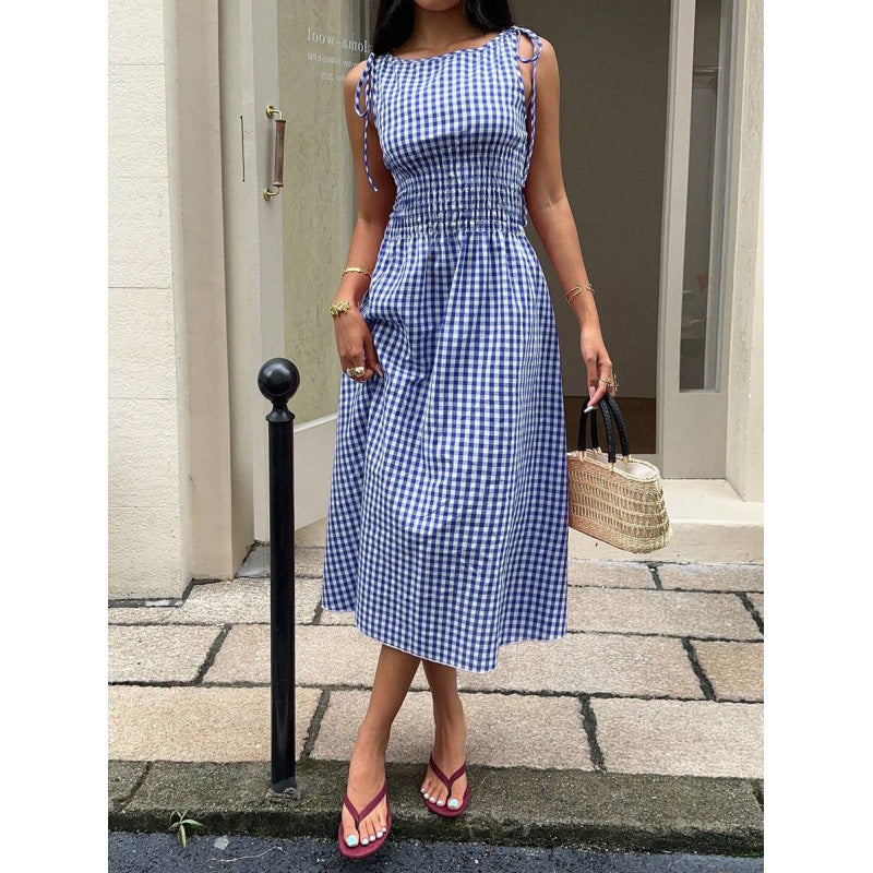⏰💥45% árcsökkentés👗 Könnyed vintage gingham nyári ruha🎀 Smockolt felsőrész + állítható kötőpántok 🌬️Prémium légáteresztő anyag！