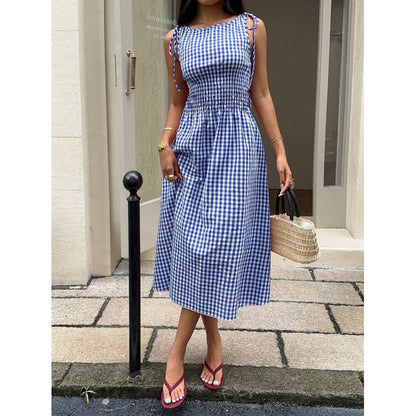 ⏰💥45% árcsökkentés👗 Könnyed vintage gingham nyári ruha🎀 Smockolt felsőrész + állítható kötőpántok 🌬️Prémium légáteresztő anyag！