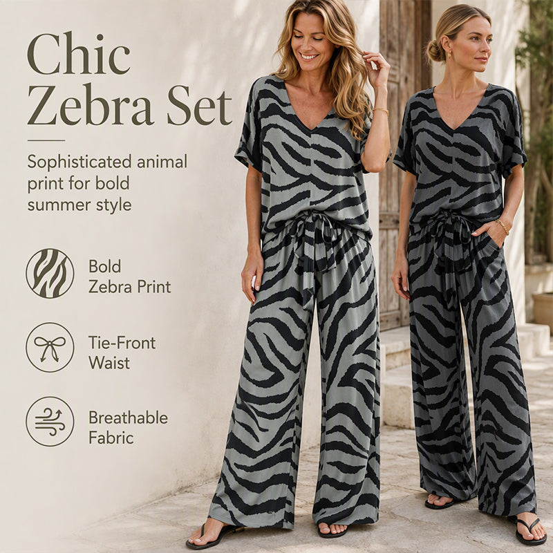 👗🦓 Zebramintás modern szett – Elöl megkötős felső, széles szárú nadrág, lélegző poliészter-viszkóz keverék! ✨💃