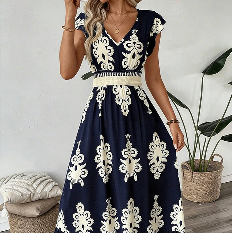 🎁Ingyenes ajándék -📿Gyönyörű nyaklánc🌿 Könnyű lélegző női hosszú ruha✨ V-nyakú barokk mintás maxi ruha – Magas derékkal, karcsúsító hatással minden alkalomra!
