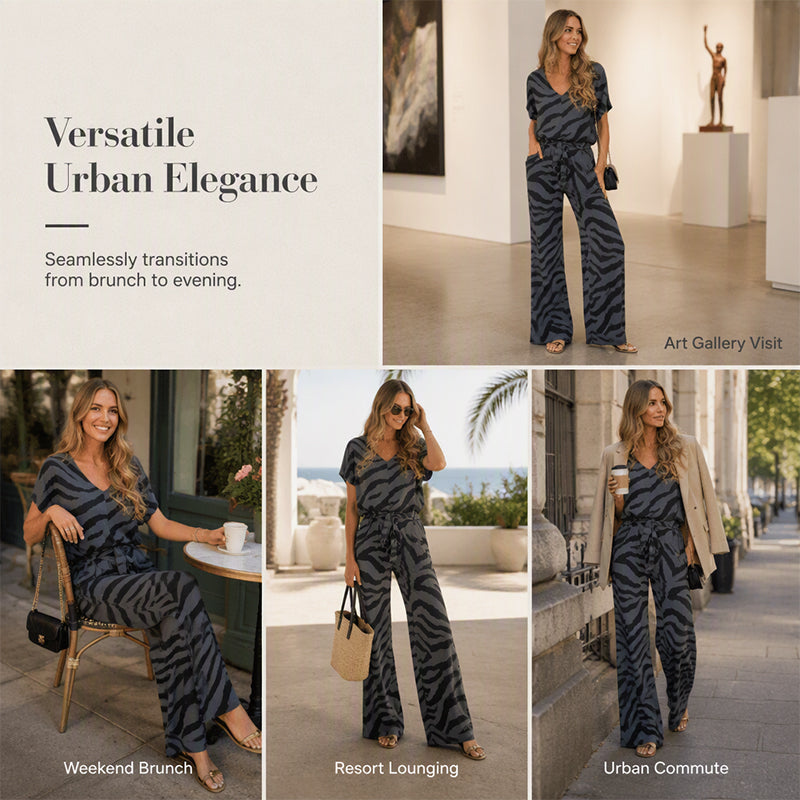 👗🦓 Zebramintás modern szett – Elöl megkötős felső, széles szárú nadrág, lélegző poliészter-viszkóz keverék! ✨💃