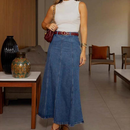 😜45% árcsökkentés 👗 Magas derékú maxi szoknya ✨ A-vonalú denim szoknya – Kényelem és stílus minden testalkatra!💃