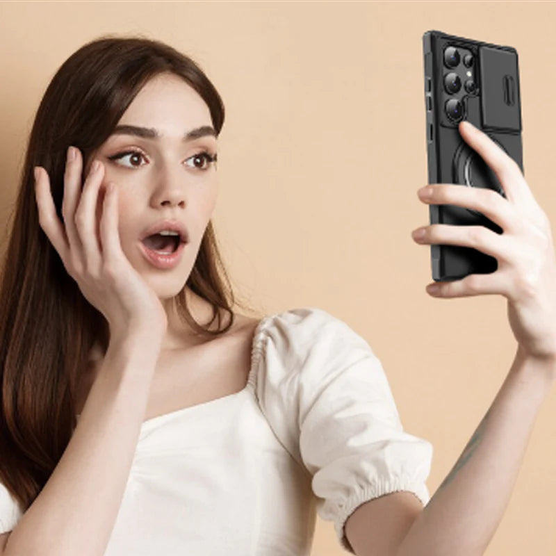 📱🔒Samsung 3 az 1-ben mágneses védőtok – kiemelt kamerafedél + állvány + teljes körű védelem.