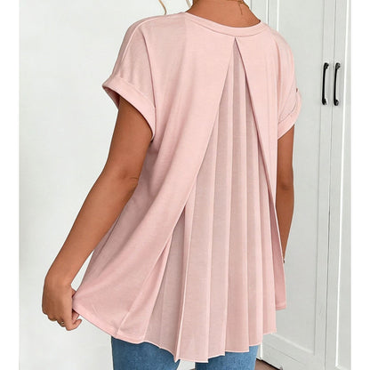 🎉2026-os nyári újdonságok☁️ Légáteresztő rövid ujjú felső💃 Plisszírozott hátú V-nyakú női blúz – Elegáns nyári viselet!