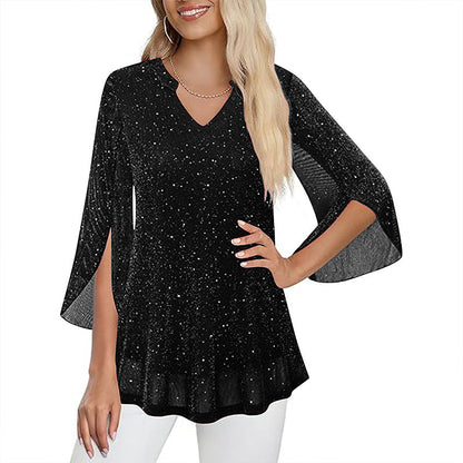 📿Ingyenes rózsa nyaklánc🌙💫 Glitter hálós V-nyakú felső – Csengő ujjakkal, laza szabással, S–5XL-ig, 8 színben! 💃🌟
