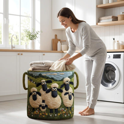 🧺 100%-ban kézzel készített, steppelt kosár – 3D-s birkás kert témájú design – Extra nagy kapacitás, összecsukható – Rusztikus, cottagecore stílusba tökéletes🐑