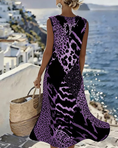 🎁⏰Az utolsó 50 darab🔥Leopárdmintás patchwork midi ruha🐆Nyári egyedi leopárd ruha színblokkos dizájnnal – Légáteresztő anyag S–3XL méretben!