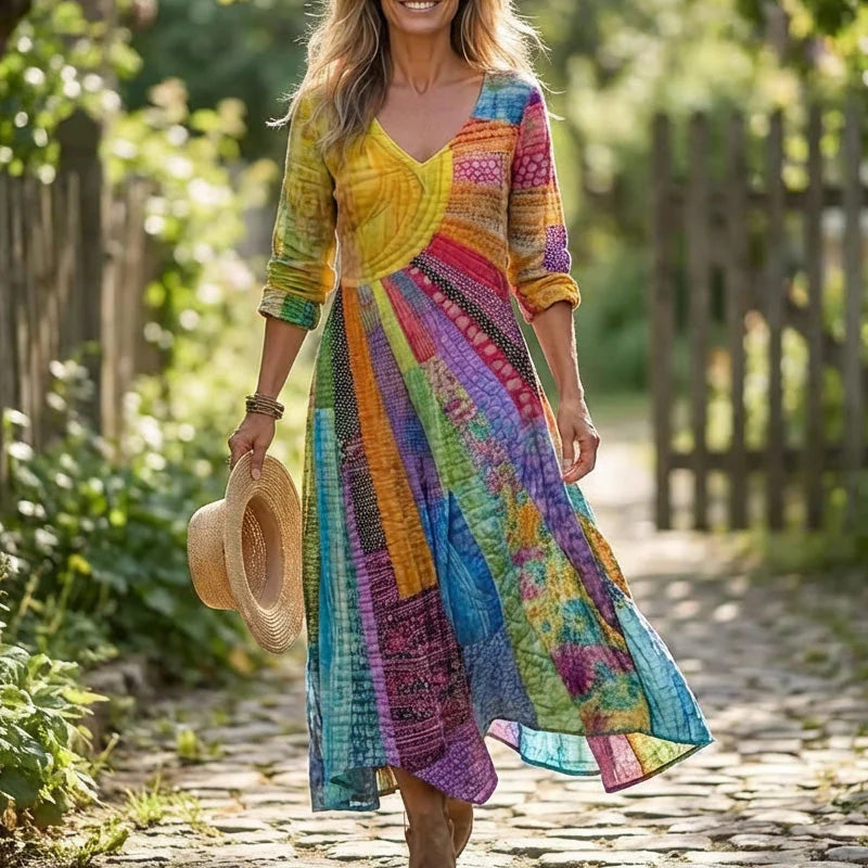🎉💥50% árcsökkentés😍2026 tavaszi újdonságok✨ V-nyakú hosszú ujjas modell🌈 Patchwork nyomtatott női ruha – Egyedi művészi stílus, élénk színekkel!