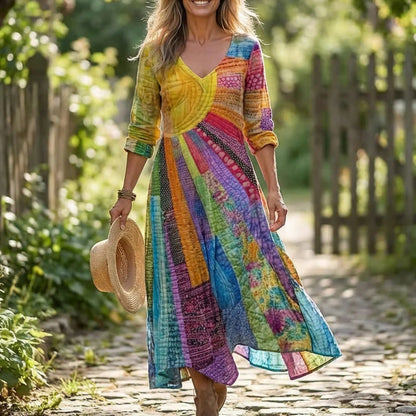 🎉💥50% árcsökkentés😍2026 tavaszi újdonságok✨ V-nyakú hosszú ujjas modell🌈 Patchwork nyomtatott női ruha – Egyedi művészi stílus, élénk színekkel!