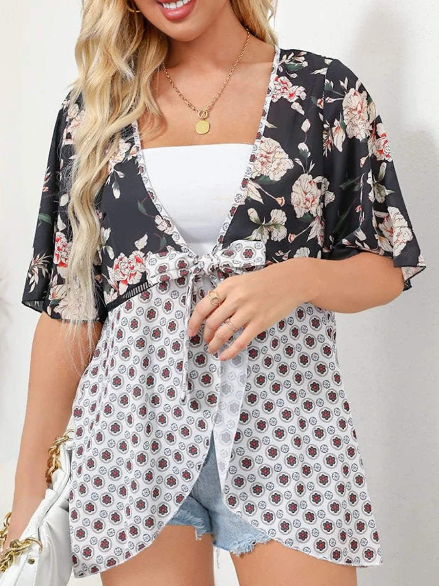 😜50% árcsökkentés 🎁Ingyenes ajándék-📿Gyönyörű nyaklánc🌸 Boho virágmintás sifon kardigán – Könnyű, fodros és sokoldalú nyári stílus!
