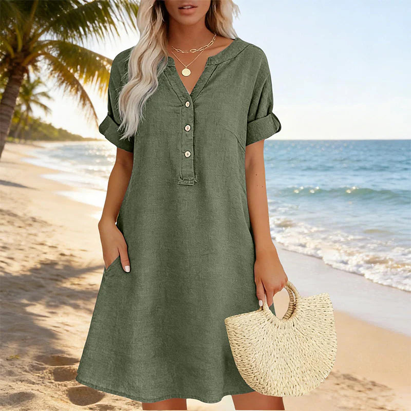 🎁📿Ingyenes gyönyörű nyaklánc🏖️AKCIÓ: 50% KEDVEZMÉNY! 👗 Női V-nyakú tunika ruha – laza szabás, zsebekkel és lélegző anyagból！