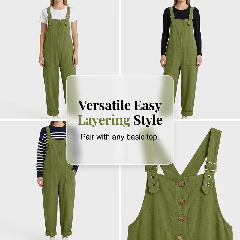 🎁Ingyenes gyönyörű nyaklánc🌿 Sokoldalú széles szárú nadrág overall✨ Laza női overall elöl gombos kialakítással – Légáteresztő prémium anyag, praktikus oldalzsebekkel!