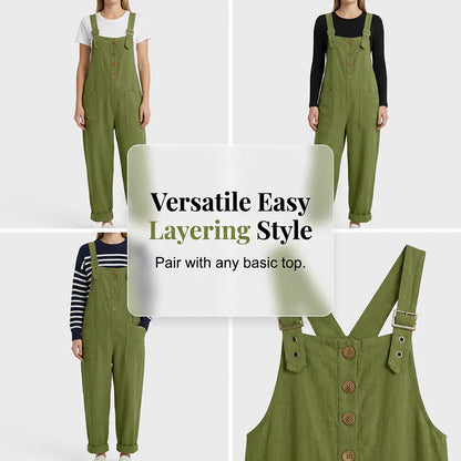 🎁Ingyenes gyönyörű nyaklánc🌿 Sokoldalú széles szárú nadrág overall✨ Laza női overall elöl gombos kialakítással – Légáteresztő prémium anyag, praktikus oldalzsebekkel!