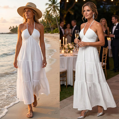 🎉50% árcsökkentés☀️ Könnyű nyári öltözet✨ Halter nyakú réteges ruha – Empire derékkal, hátul kötve, bohém és elegáns!