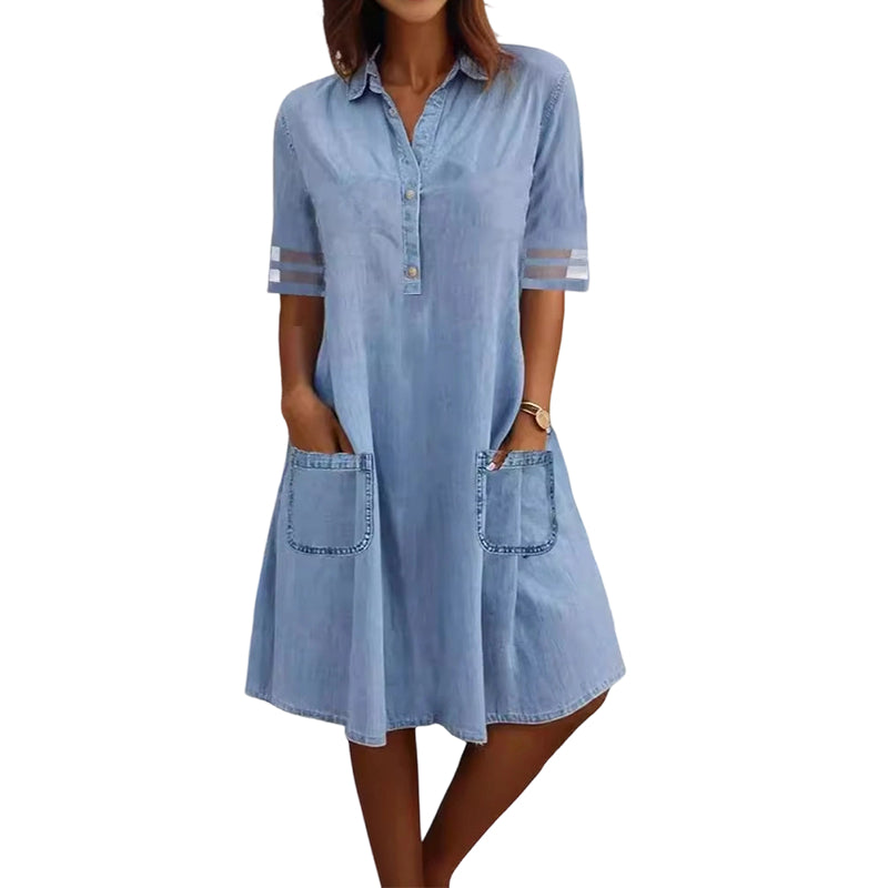 🎁Ingyenes ajándék -📿Gyönyörű nyaklánc✨ Divatos farmer ruha praktikus zsebekkel👖 Légáteresztő denim A-vonalú ruha – Hálós félhosszú ujjakkal, nőies karcsúsító szabás!
