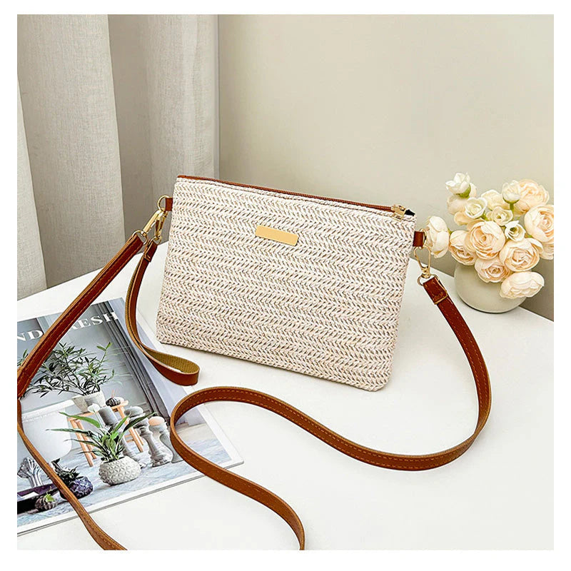 👜✨  Könnyű nyári szőtt válltáska🌾Prémium texturált felület, arany színű cipzá🌸Állítható pánt