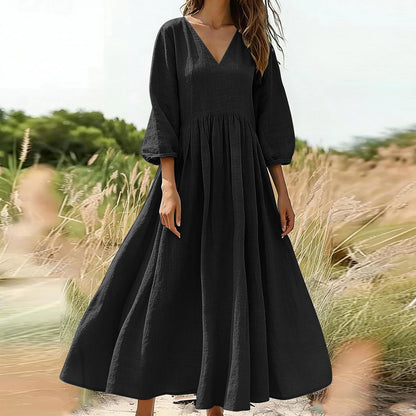 🌸👗 Lenvászon keverék V-nyakú ruha – Laza folyós szabás, puffos ujjakkal, S–2XL-ig! ✨💃