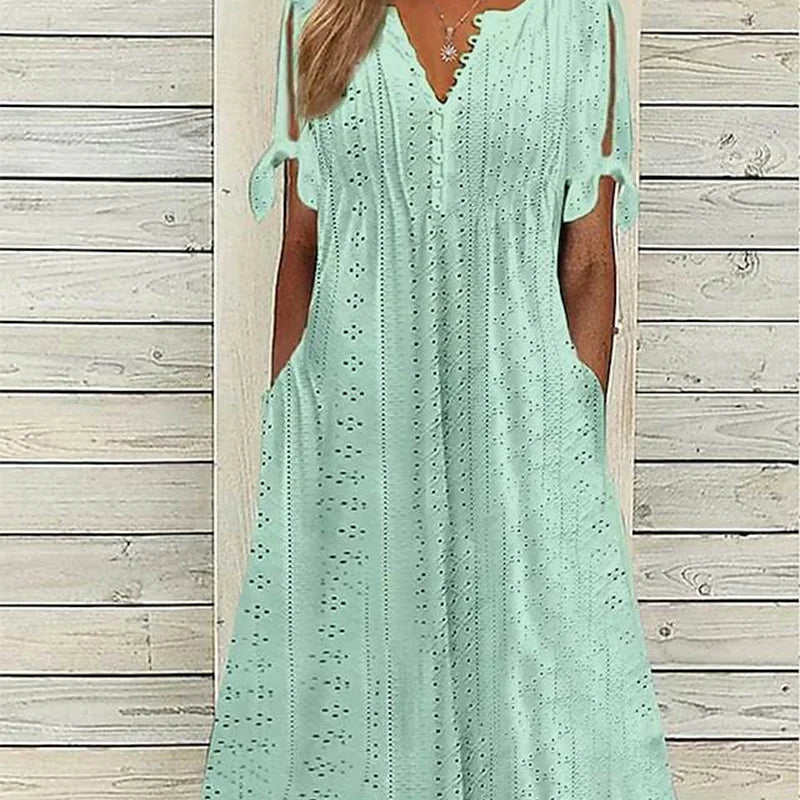 🎁Ingyenes gyönyörű nyaklánc👗 V-nyakú mintás női ruha 💨 Légáteresztő nyári ruha!