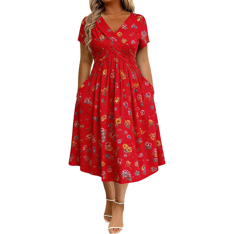 🎁Ingyenes gyönyörű nyaklánc👗🌸 Virágmintás midi ruha– V-nyak, crossover elöl, elegáns drapírozás – Oldalzsebekkel, puha és légáteresztő anyagból 🌿✨